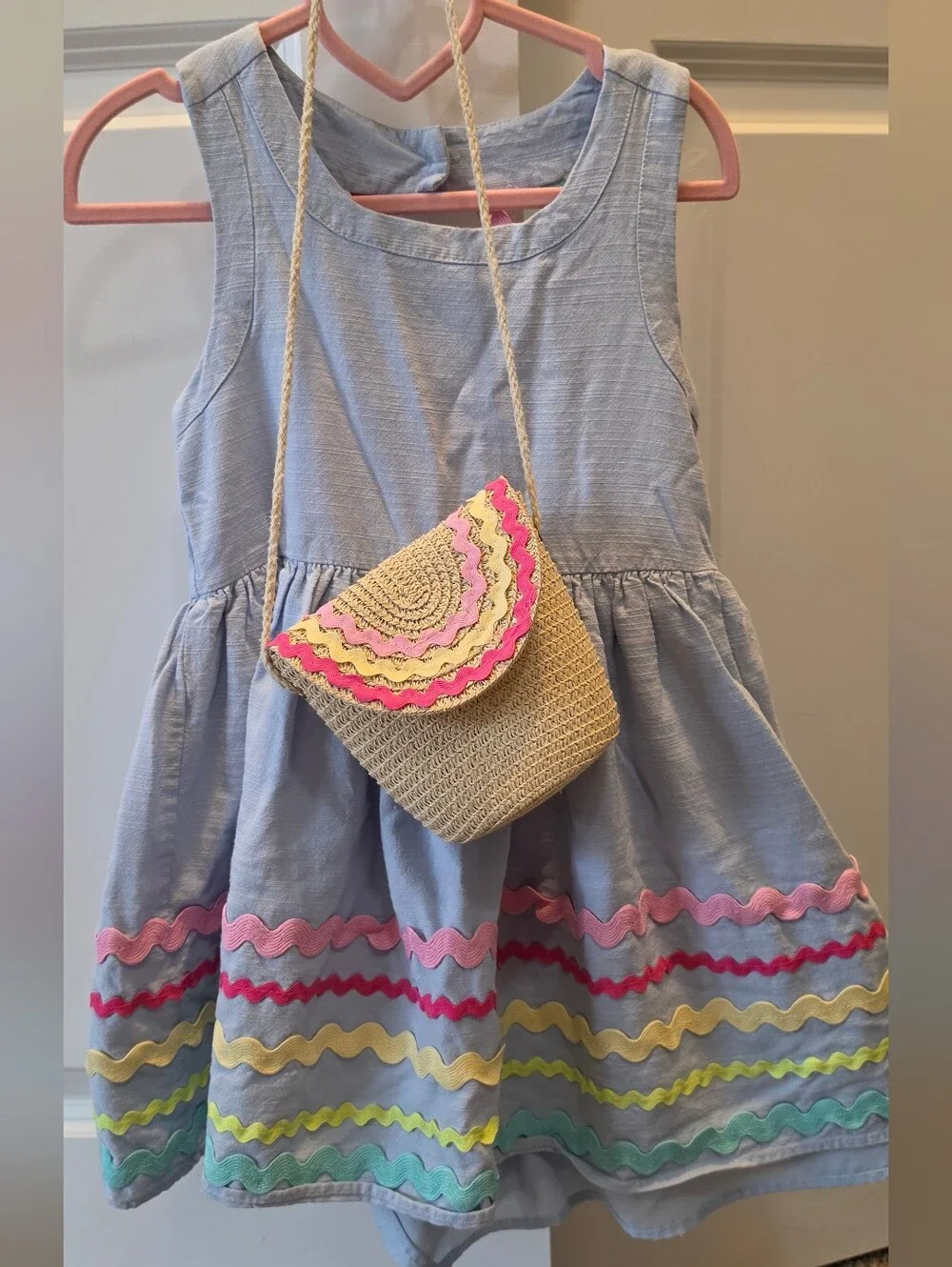 Light Blue Girl's Sundress with Rainbow Ric Rac Trim